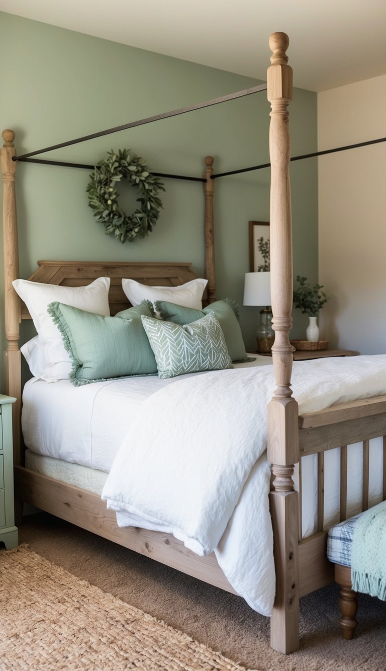 A cozy bedroom with a rustic wood bed frame, adorned with sage green farmhouse decor