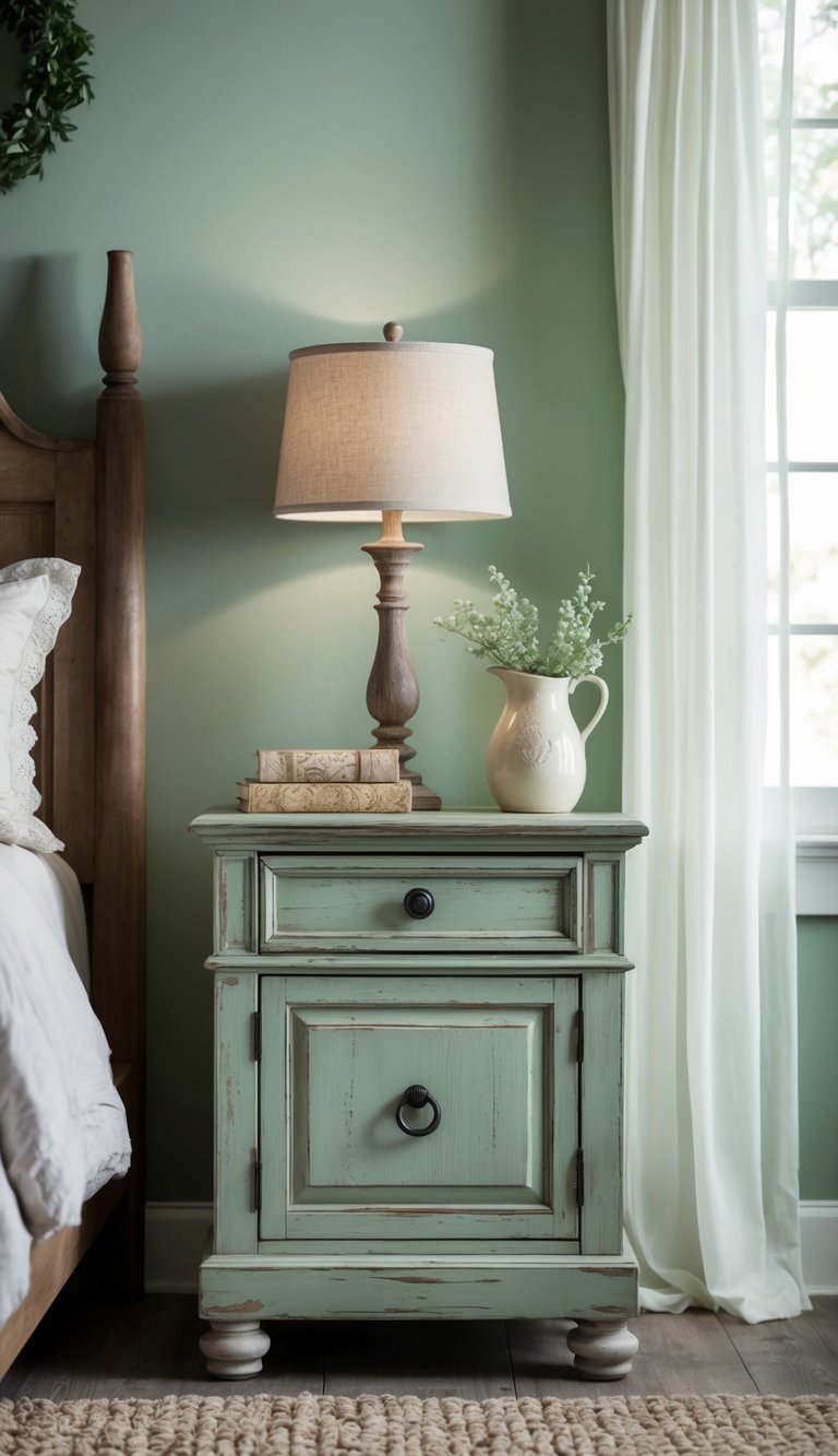 A distressed wooden nightstand sits in a sage green farmhouse bedroom, adorned with rustic decor and soft lighting