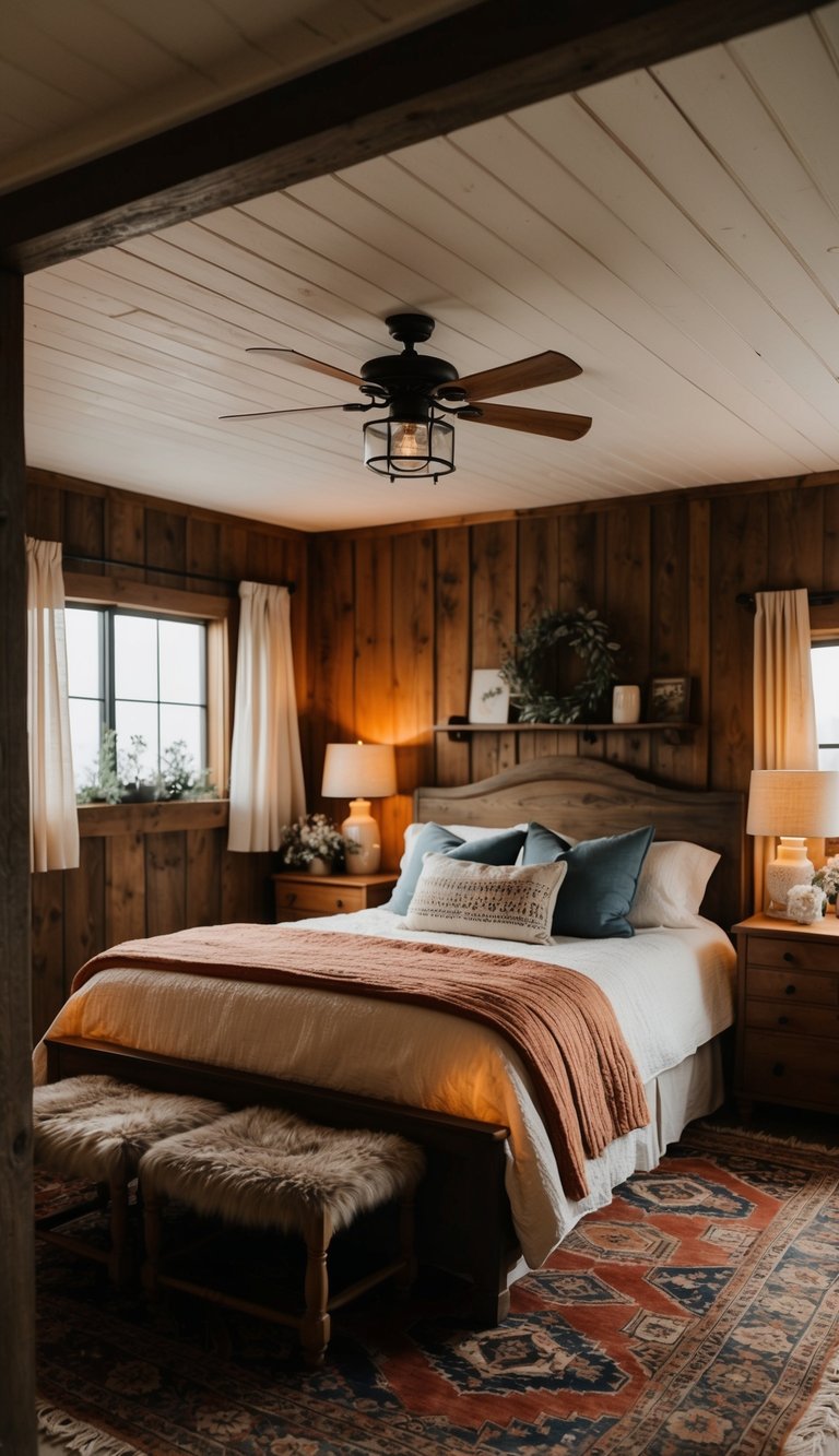 A cozy farmhouse bedroom with vintage area rugs, warm lighting, and rustic decor