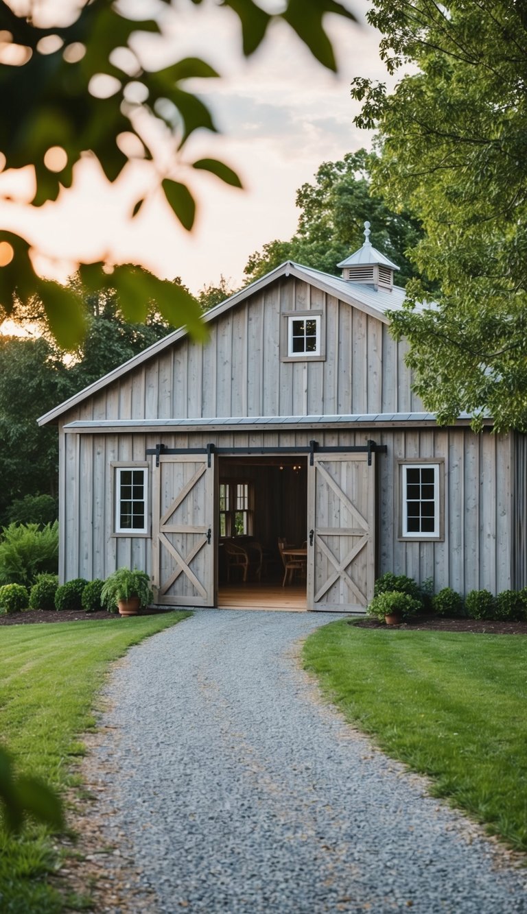 A rustic farmhouse with sliding barn door style windows, surrounded by lush greenery and a gravel pathway