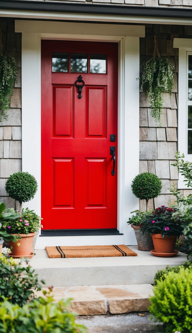 A bold red front door stands out against a rustic farmhouse exterior, surrounded by potted plants and a welcoming doormat