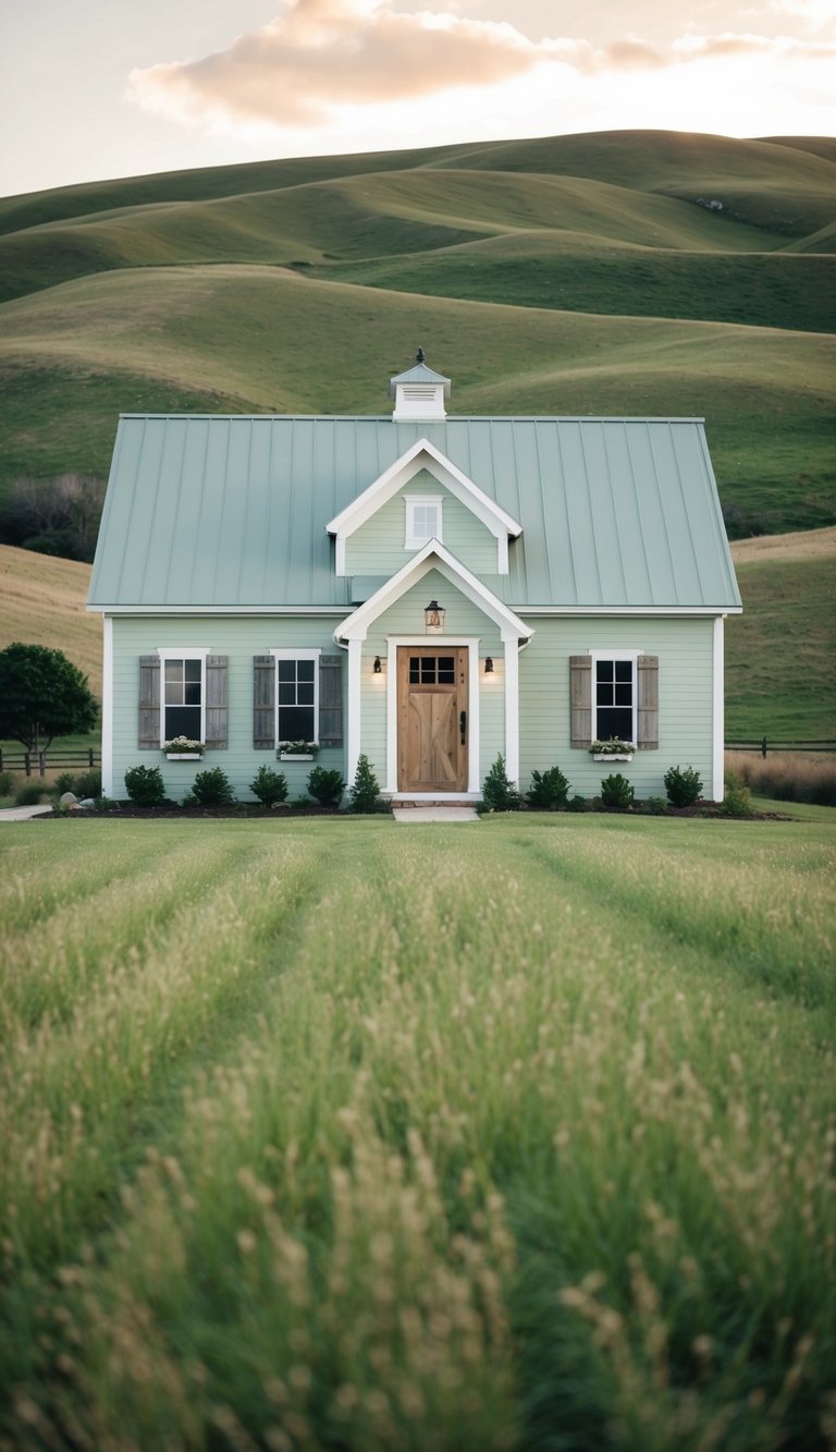A charming farmhouse surrounded by rolling hills, with soft sage green exterior walls complemented by white trim and a rustic wooden door
