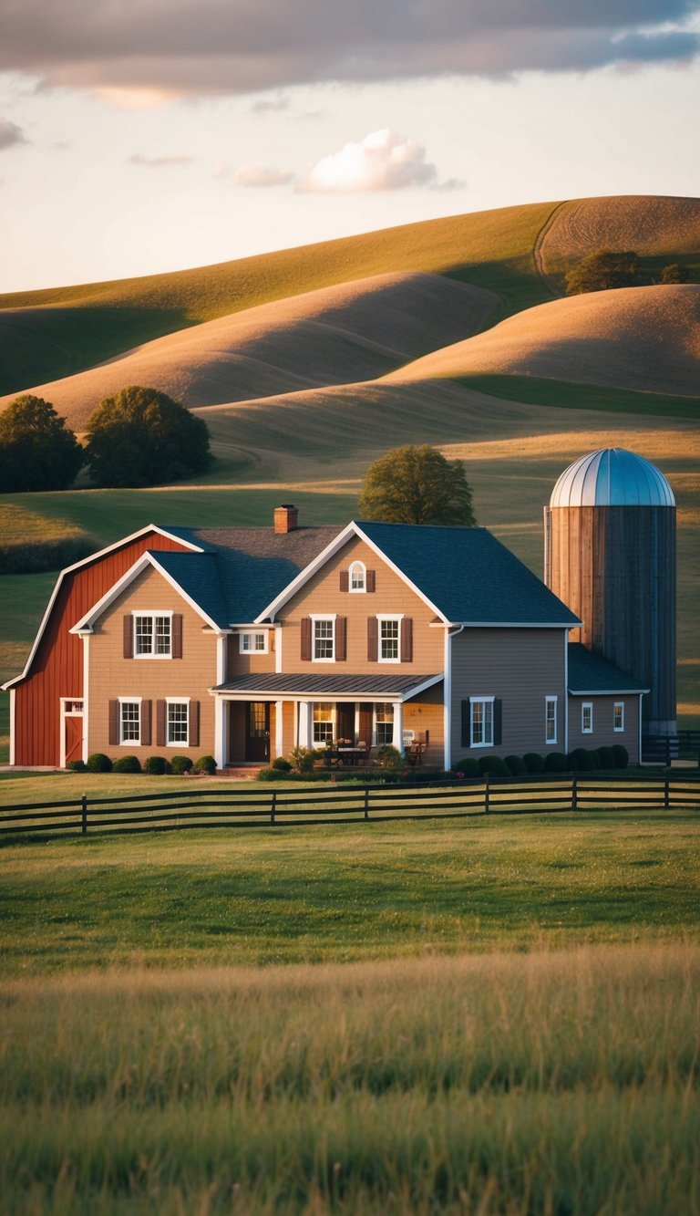 A cozy farmhouse with warm taupe exterior, surrounded by rolling hills and a rustic fence. A red barn and a silo complete the idyllic scene