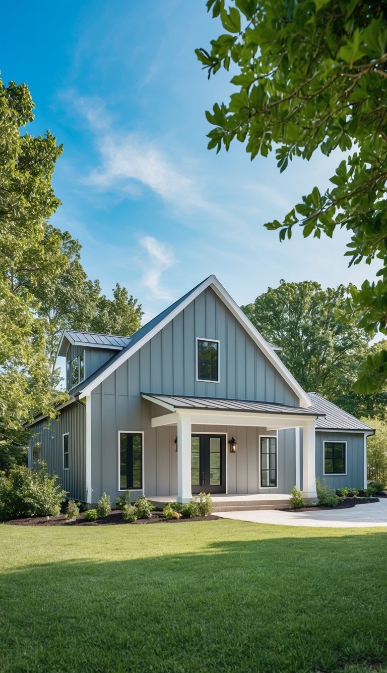 A modern farmhouse with a Repose Gray exterior, surrounded by lush greenery and a clear blue sky, showcasing a clean and timeless aesthetic for 2025