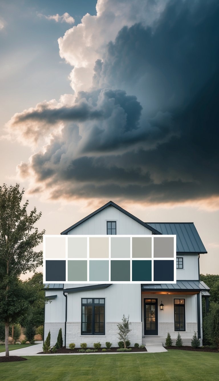 Dark clouds loom over a modern farmhouse with a palette of 10 trendy exterior paint colors for 2025