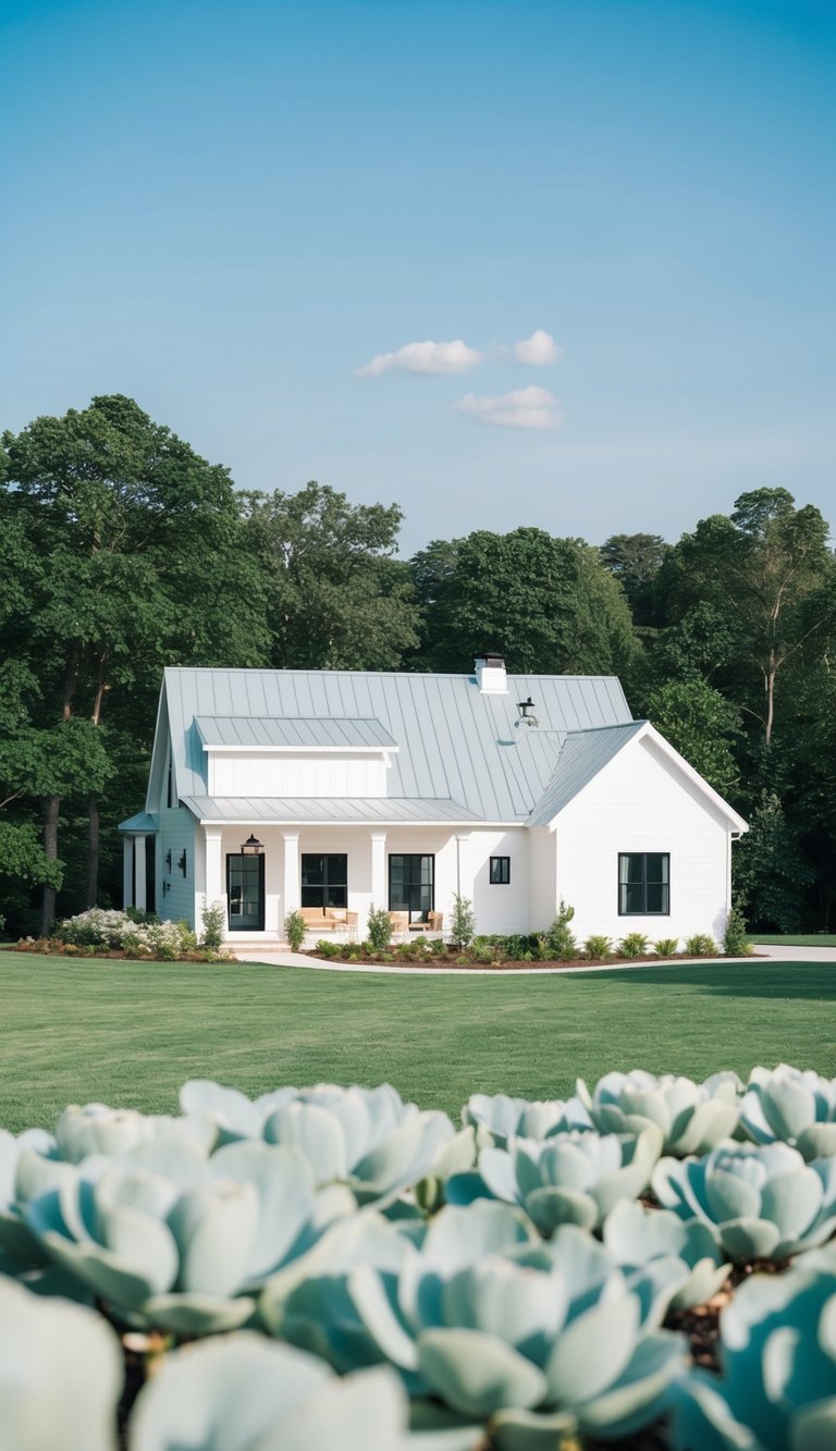 A modern farmhouse with Sea Salt exterior paint surrounded by lush greenery and a clear blue sky