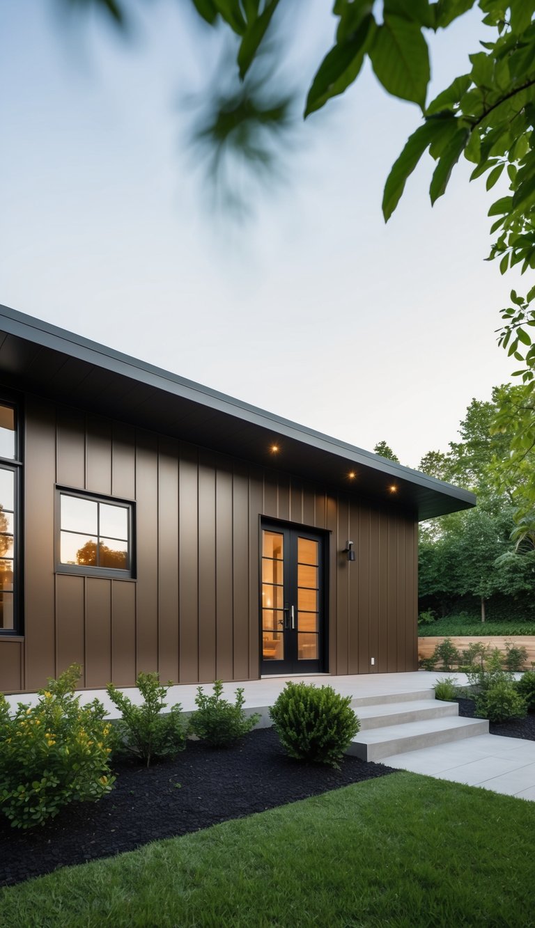 A sleek modern farmhouse exterior painted in Urbane Bronze stands out against a backdrop of greenery, with clean lines and contemporary design elements
