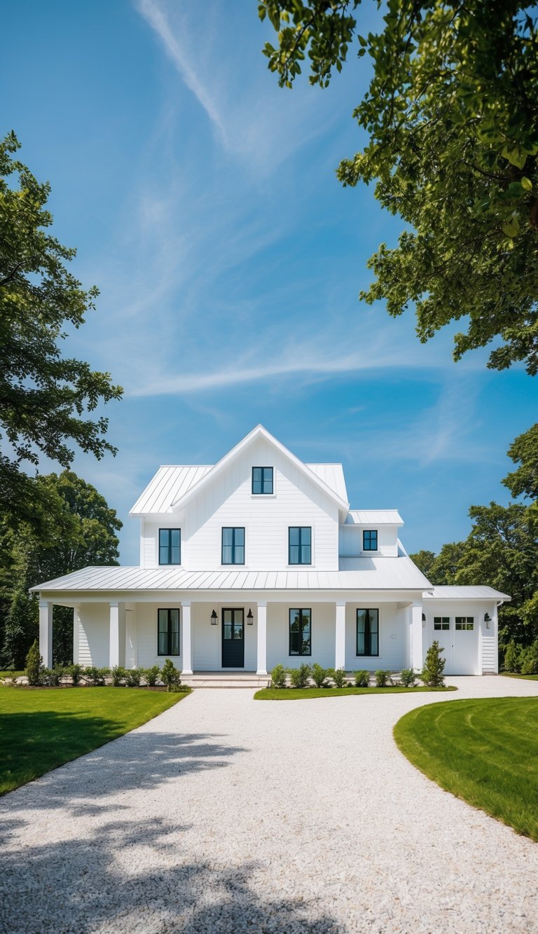 A modern farmhouse with pure white exterior, surrounded by lush greenery, under a clear blue sky