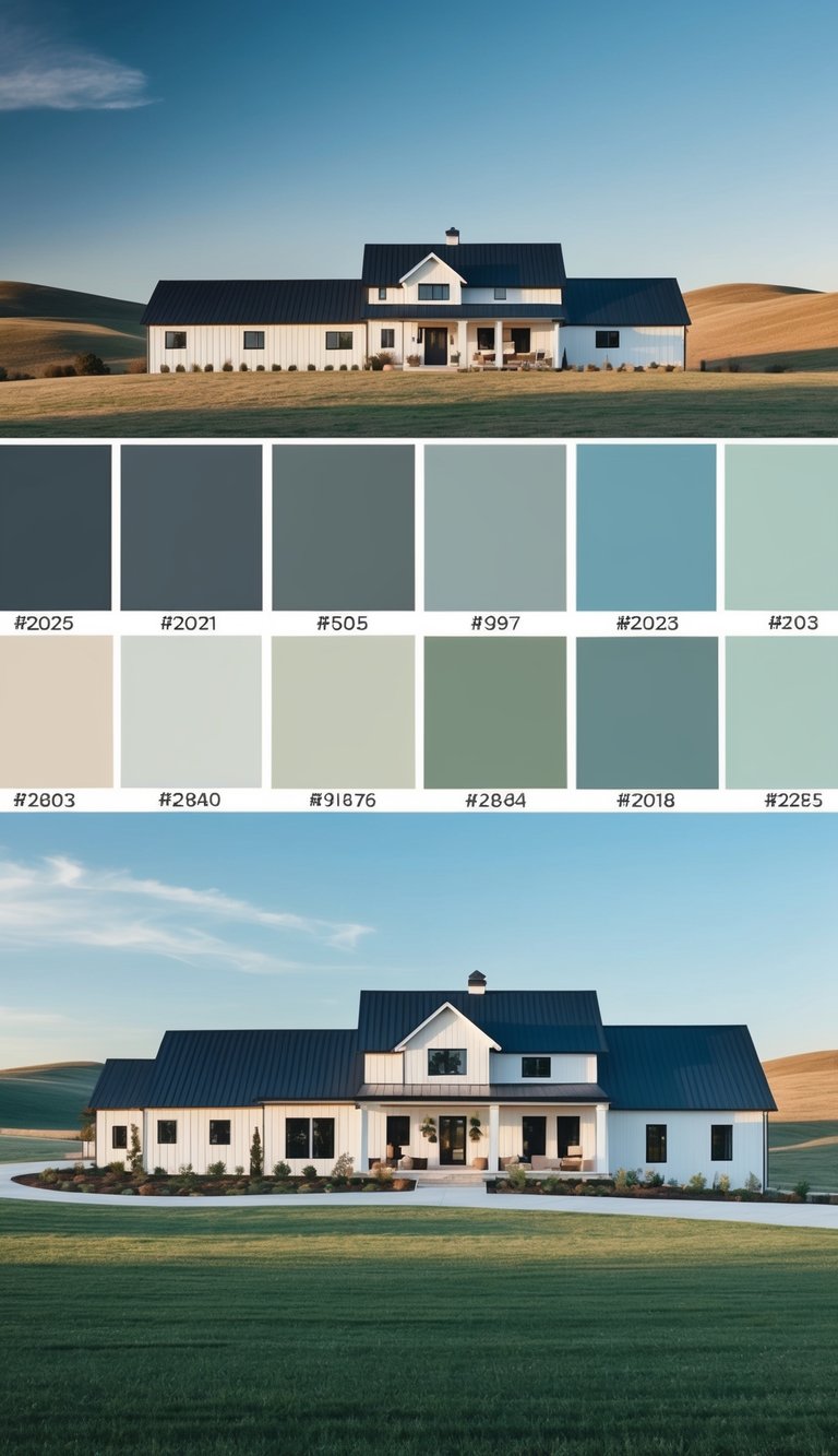 A sprawling modern farmhouse with a palette of 10 trendy exterior paint colors for 2025, set against a backdrop of rolling hills and a clear blue sky
