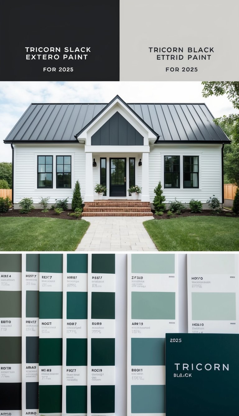 A modern farmhouse with Tricorn Black exterior paint surrounded by 10 different color swatches for 2025