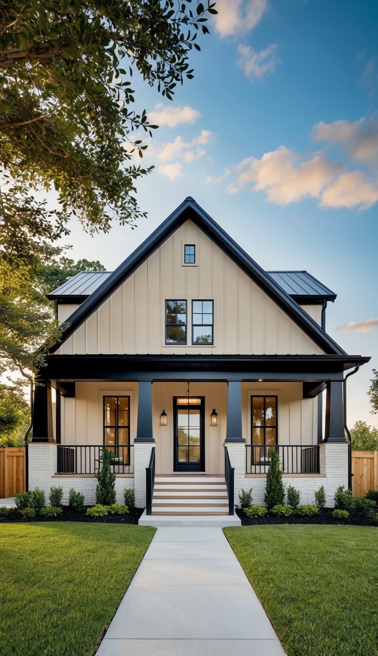 A modern farmhouse with a sleek design, featuring a warm and inviting exterior painted in Accessible Beige 10. The house is surrounded by lush greenery and accented with black trim and a welcoming front porch