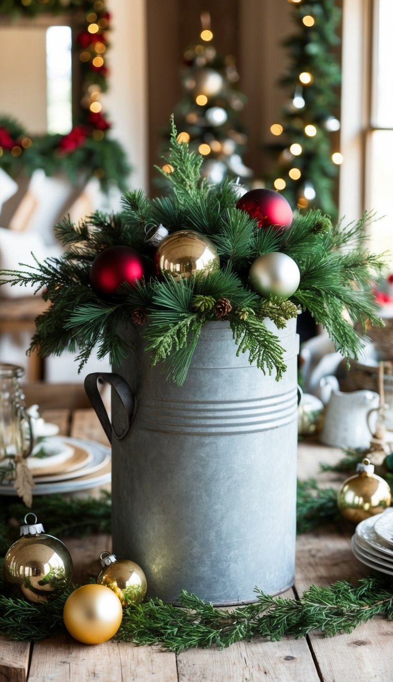 A rustic milk can filled with festive greenery and ornaments sits as a centerpiece on a farmhouse table, surrounded by other vintage Christmas decorations