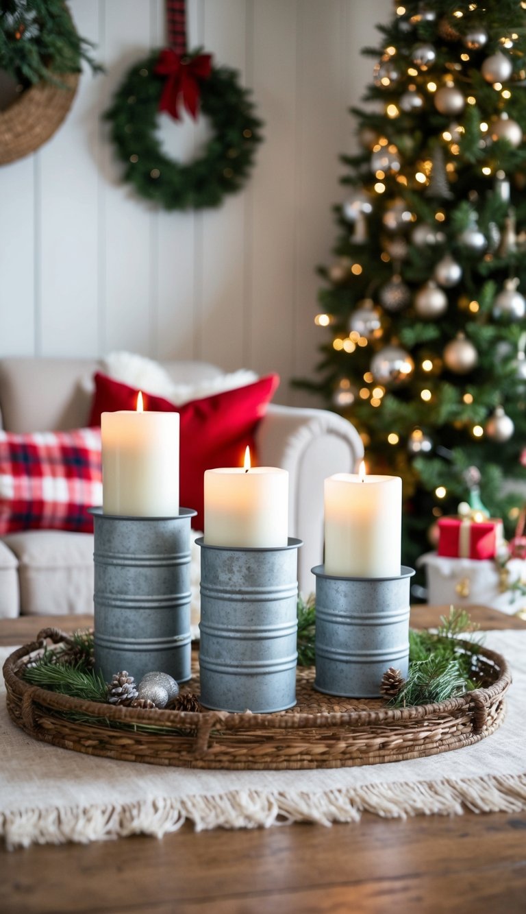 A cozy farmhouse living room adorned with galvanized steel candle holders, adding a rustic touch to the festive Christmas decor