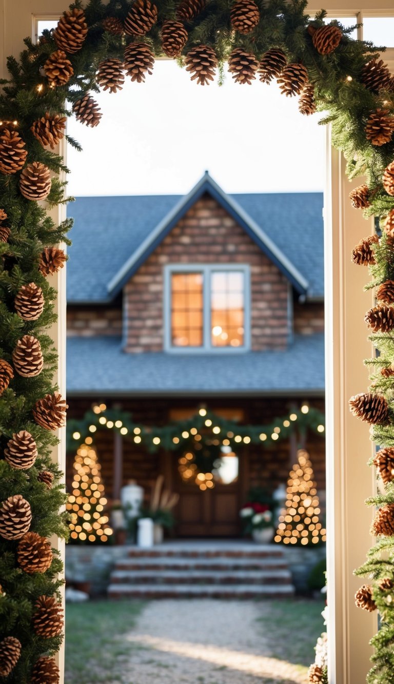A rustic farmhouse adorned with a pinecone garland, cozy and festive for Christmas