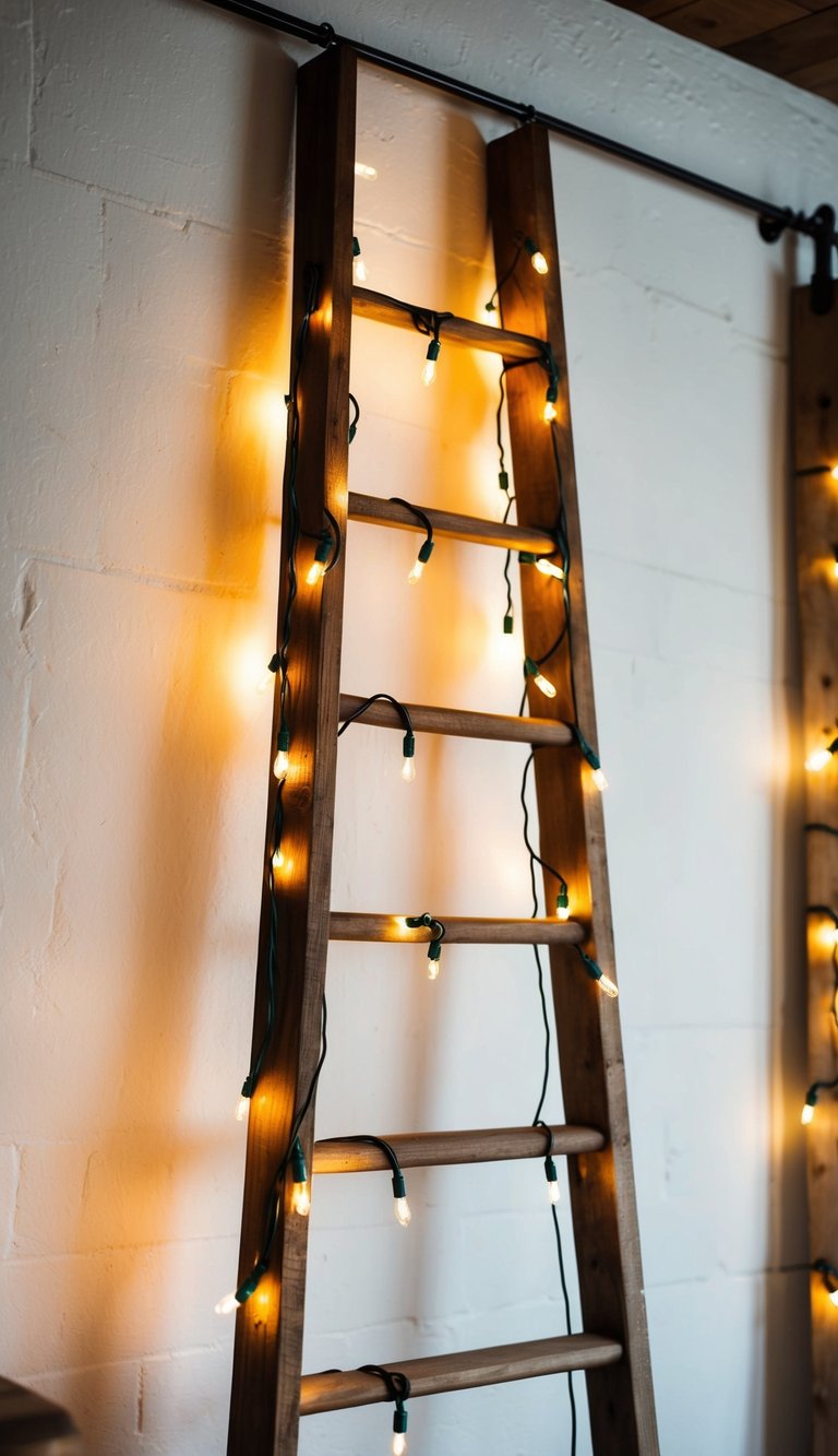 A wooden ladder adorned with string lights hangs against a rustic farmhouse wall, casting a warm and cozy glow in the room