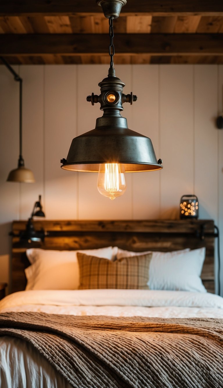 A cozy farmhouse bedroom with a vintage industrial pendant lamp hanging above the bed, casting warm light on the rustic decor
