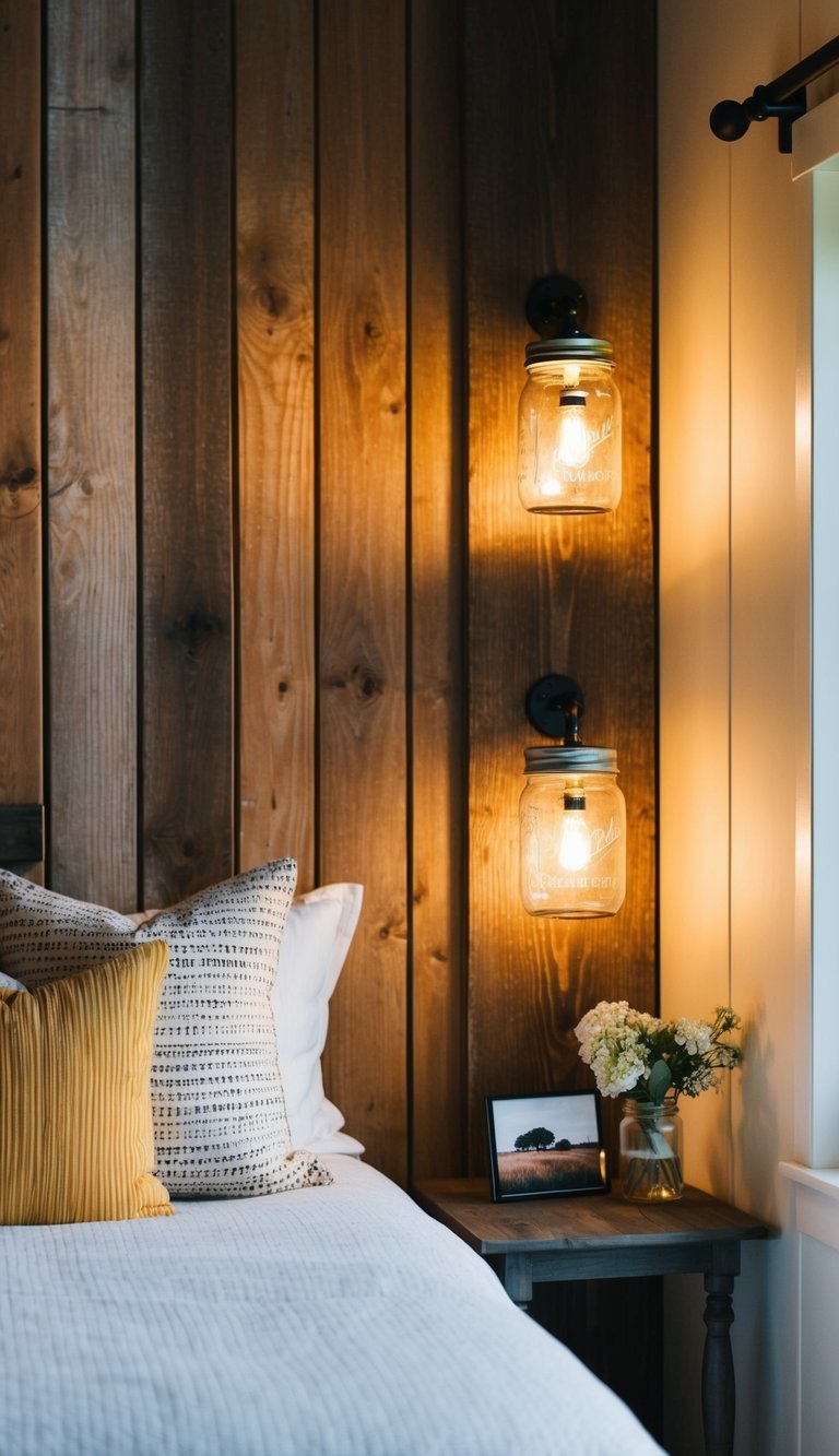 A cozy farmhouse bedroom with mason jar sconces casting a warm glow on the rustic wooden walls