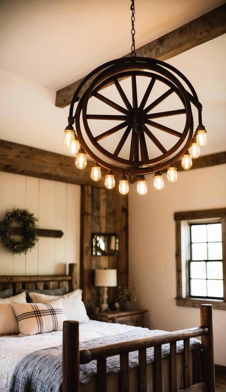A cozy bedroom with a rustic wooden bed, adorned with a wagon wheel light fixture hanging from the ceiling, casting a warm glow over the vintage farmhouse decor