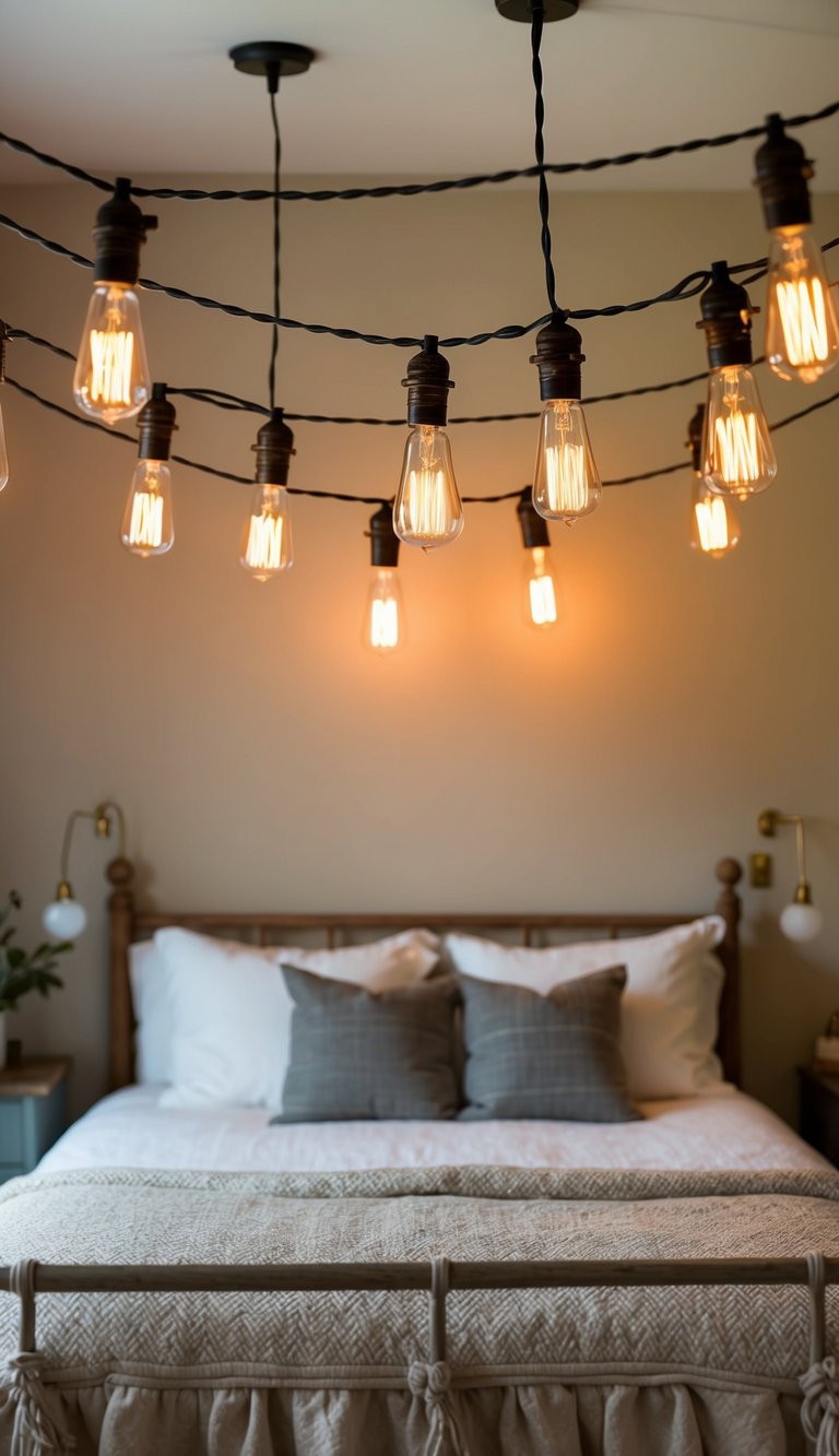 A cozy farmhouse bedroom with vintage Edison bulb string lights hanging from the ceiling, casting a warm and inviting glow