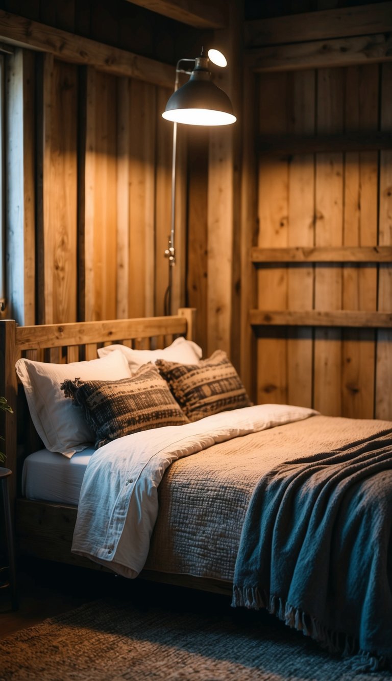 A cozy vintage farmhouse bedroom with a reclaimed wood floor lamp casting a warm glow, creating a rustic and inviting atmosphere