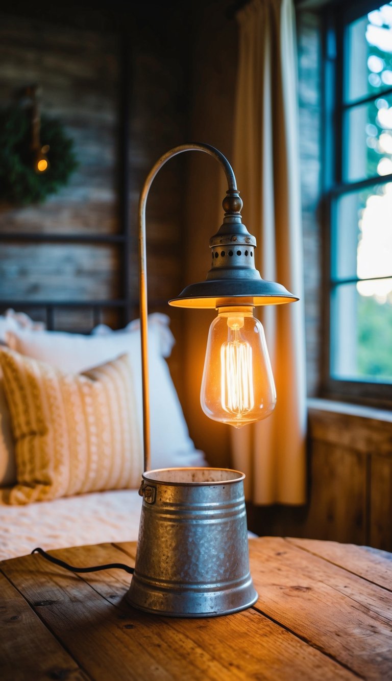 A galvanized metal table lamp illuminates a cozy vintage farmhouse bedroom, casting a warm glow over rustic decor and creating a cozy ambiance