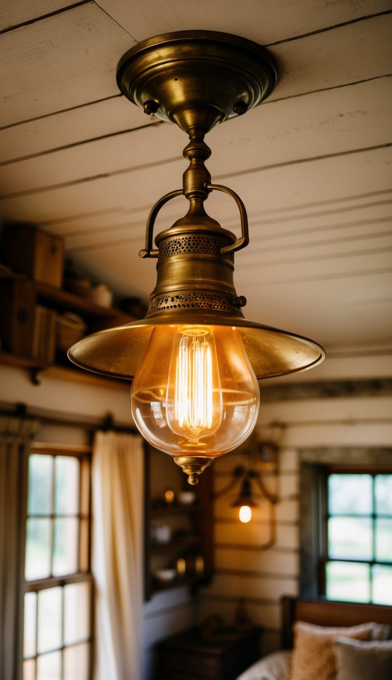 An antique brass ceiling light illuminates a cozy vintage farmhouse bedroom, casting warm, inviting light over the rustic decor and creating a charming ambiance