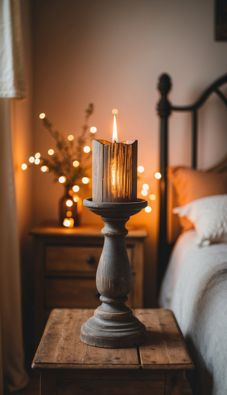 A distressed wood candle holder sits on a rustic farmhouse bedside table, casting a warm glow in a cozy vintage bedroom