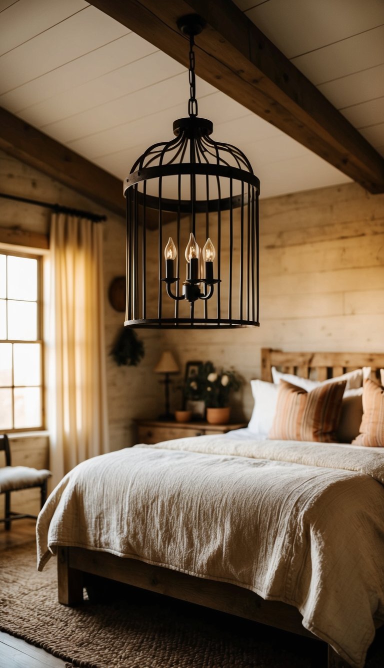 A rustic farmhouse bedroom with a vintage iron caged chandelier hanging from the ceiling, casting warm light over the cozy space