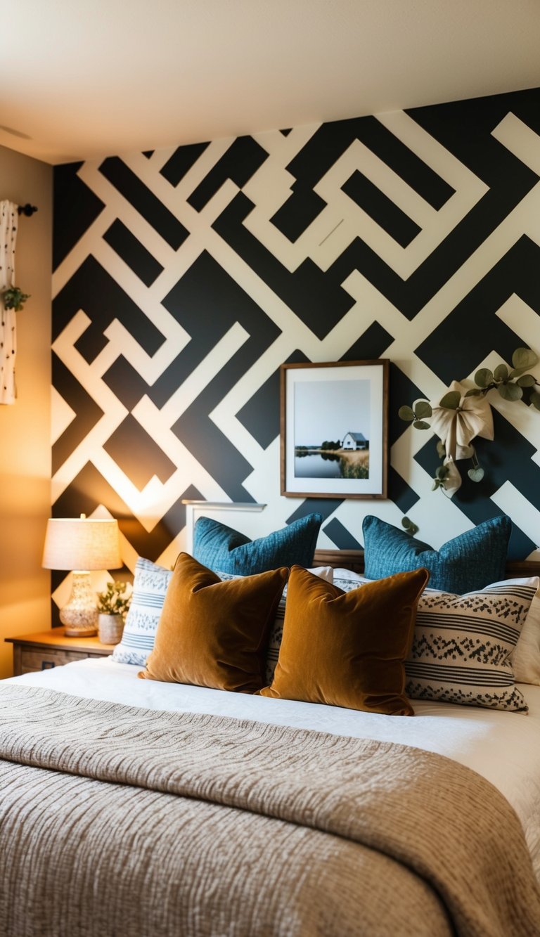 A cozy farmhouse bedroom with a bold geometric wallpaper accent wall. Warm lighting and rustic decor complete the inviting atmosphere