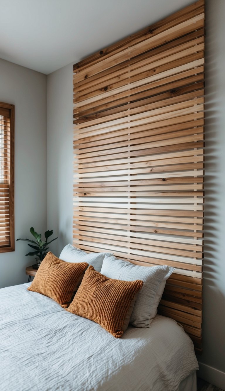 Wood slats arranged horizontally on bedroom wall for farmhouse aesthetic