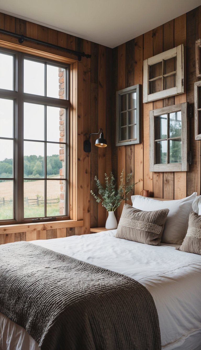 A cozy farmhouse bedroom with a repurposed Windows 14 accent wall featuring rustic wood paneling and vintage window frames as decor