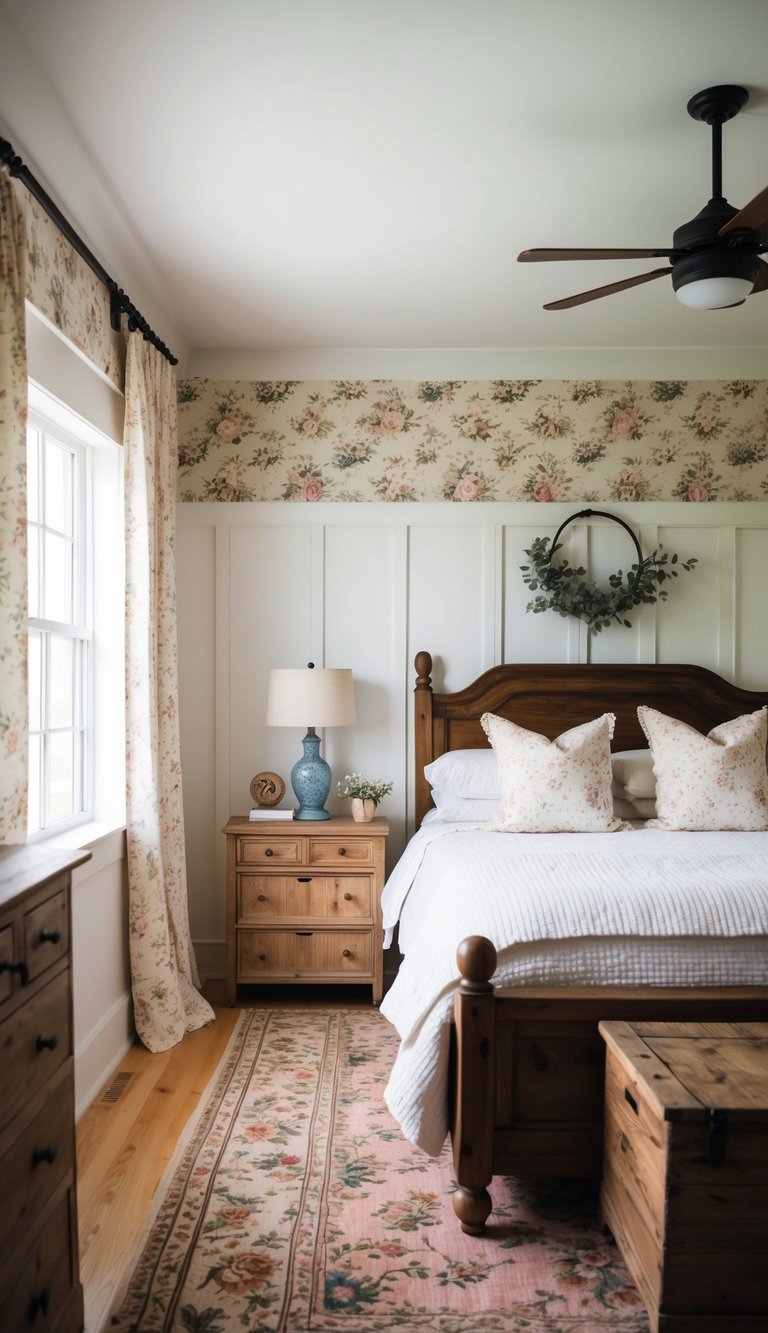 A cozy farmhouse bedroom with wainscoting accent wall, adorned with cottage-inspired details like floral wallpaper and rustic wooden furniture