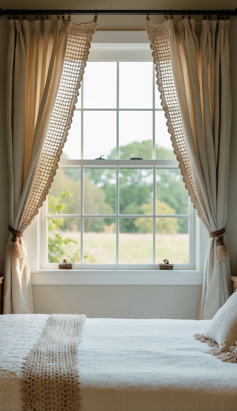 A farmhouse bedroom with crochet-edged curtains, rustic decor, and soft natural light streaming in through the window