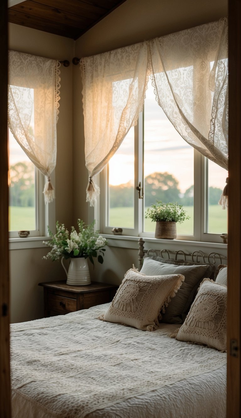 A cozy farmhouse bedroom with lace valance scarves hanging over the windows, casting soft, dappled light onto the rustic decor