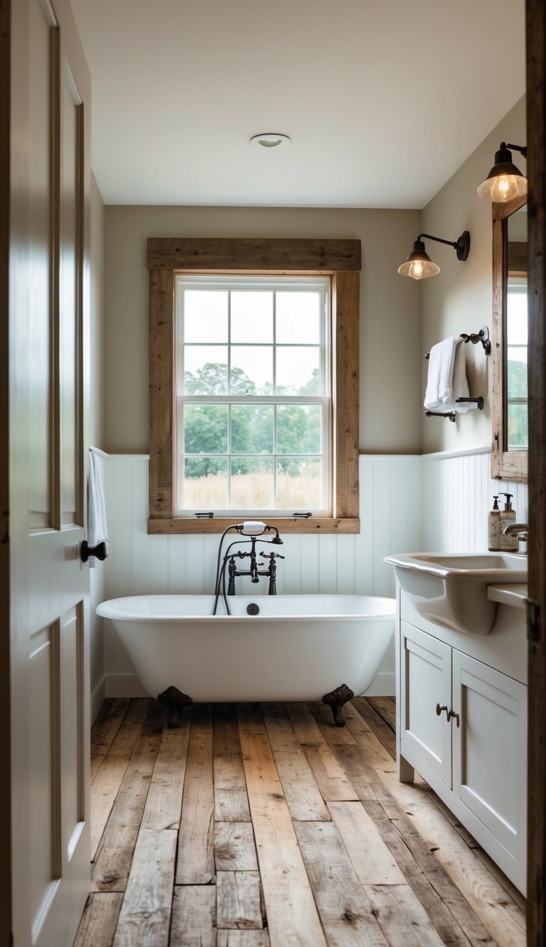 A rustic farmhouse bathroom with weathered barn wood plank flooring and natural light streaming in through a window