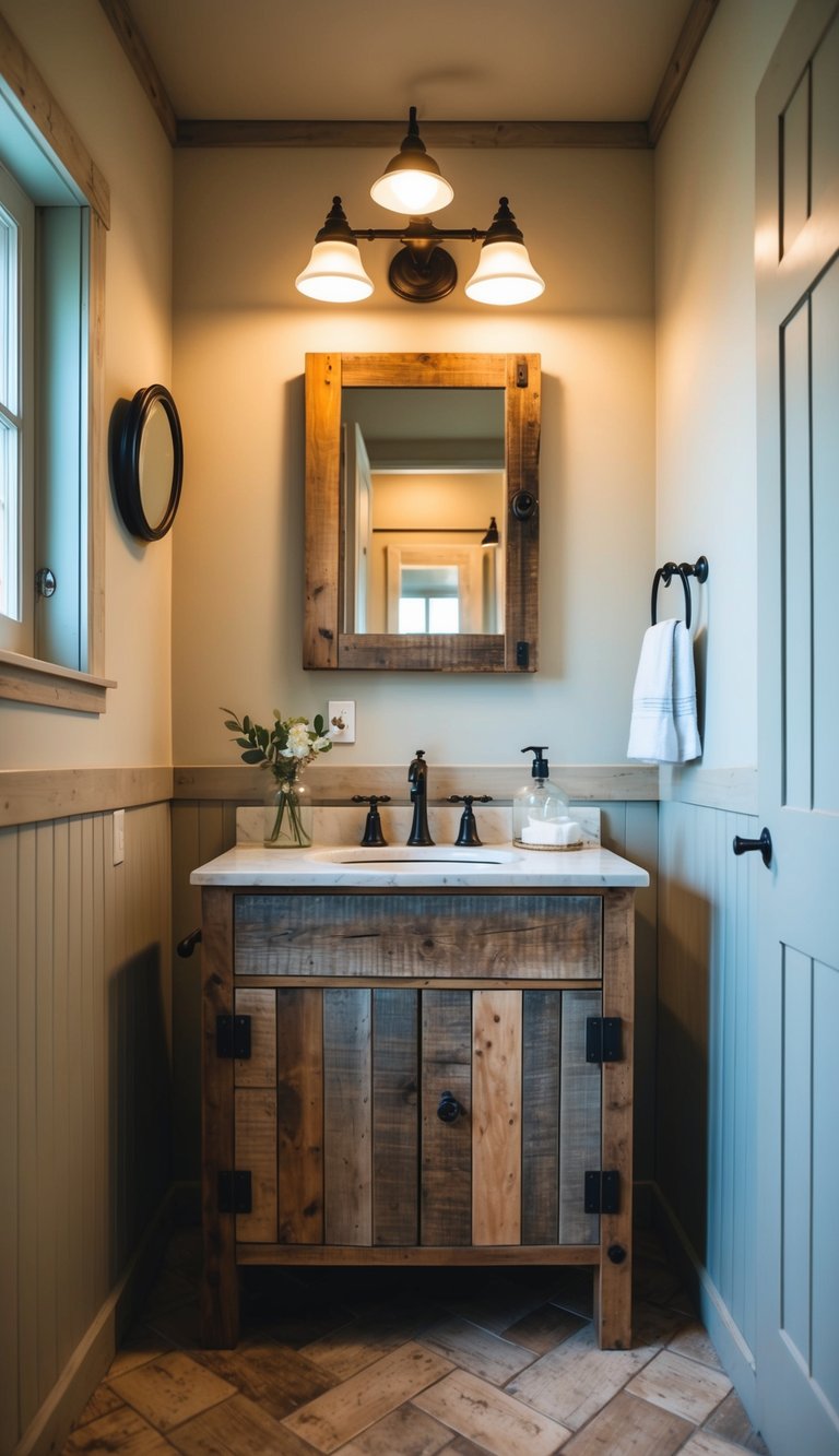 A rustic reclaimed wood vanity stands in a vintage farmhouse bathroom, surrounded by antique fixtures and natural light