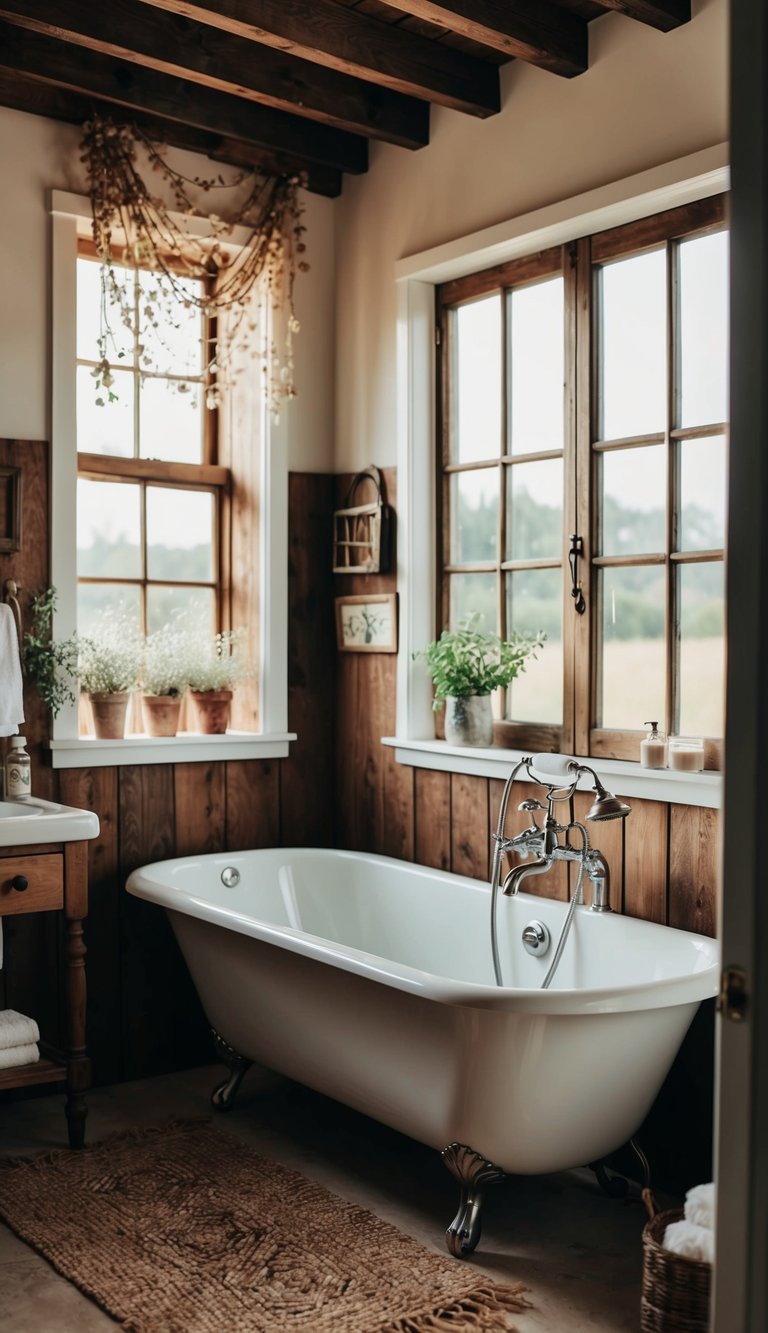 A clawfoot bathtub sits in a vintage farmhouse bathroom, surrounded by rustic decor and natural light streaming in from the window