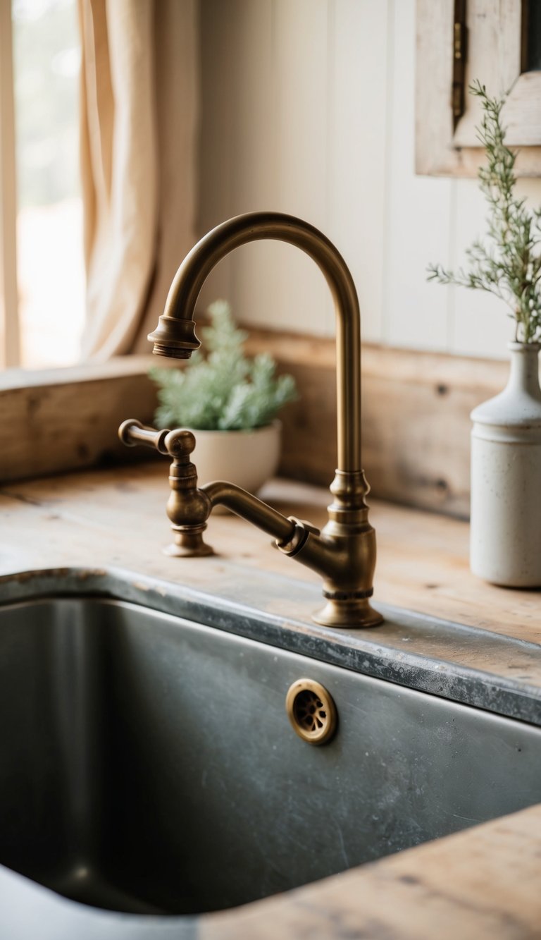 A vintage brass faucet mounted on a weathered farmhouse sink, surrounded by rustic decor and soft, natural lighting