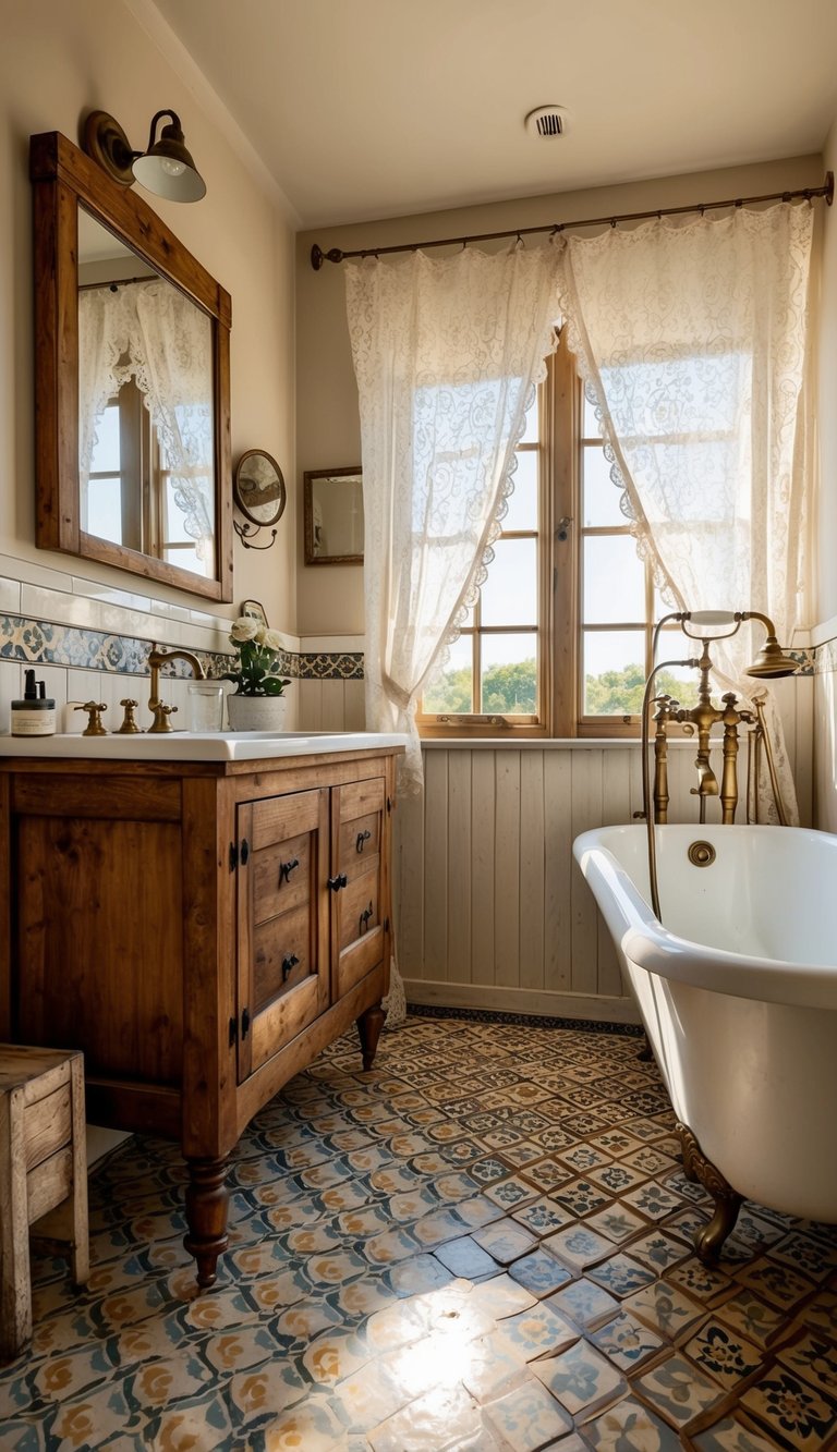 Vintage farmhouse bathroom with patterned tile flooring, rustic wooden vanity, clawfoot tub, and antique brass fixtures. Sunlight streams through a lace curtain