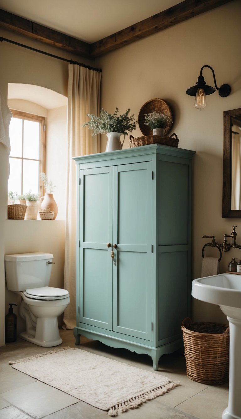 A freestanding linen cabinet stands in a vintage farmhouse bathroom, surrounded by rustic decor and soft, natural lighting