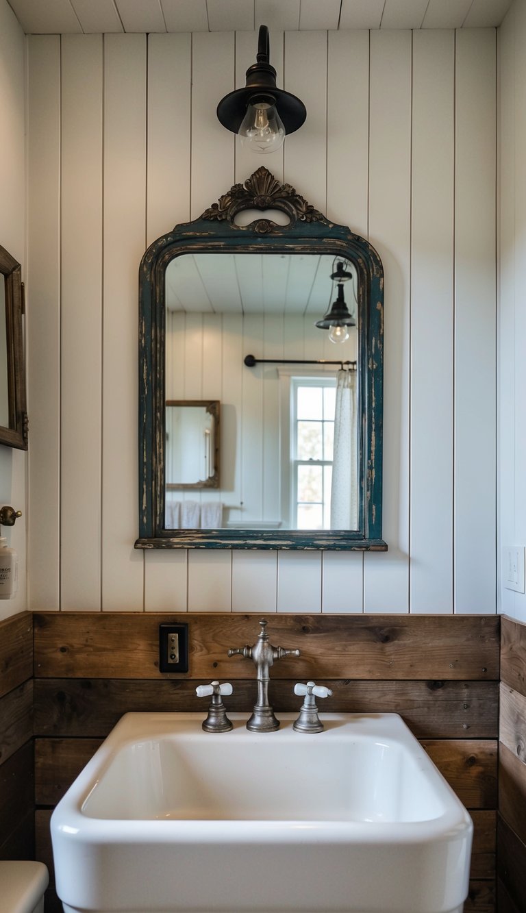 A vintage-style mirror hangs above a weathered farmhouse sink in a rustic bathroom. Shiplap walls and distressed wood accents complete the antique aesthetic