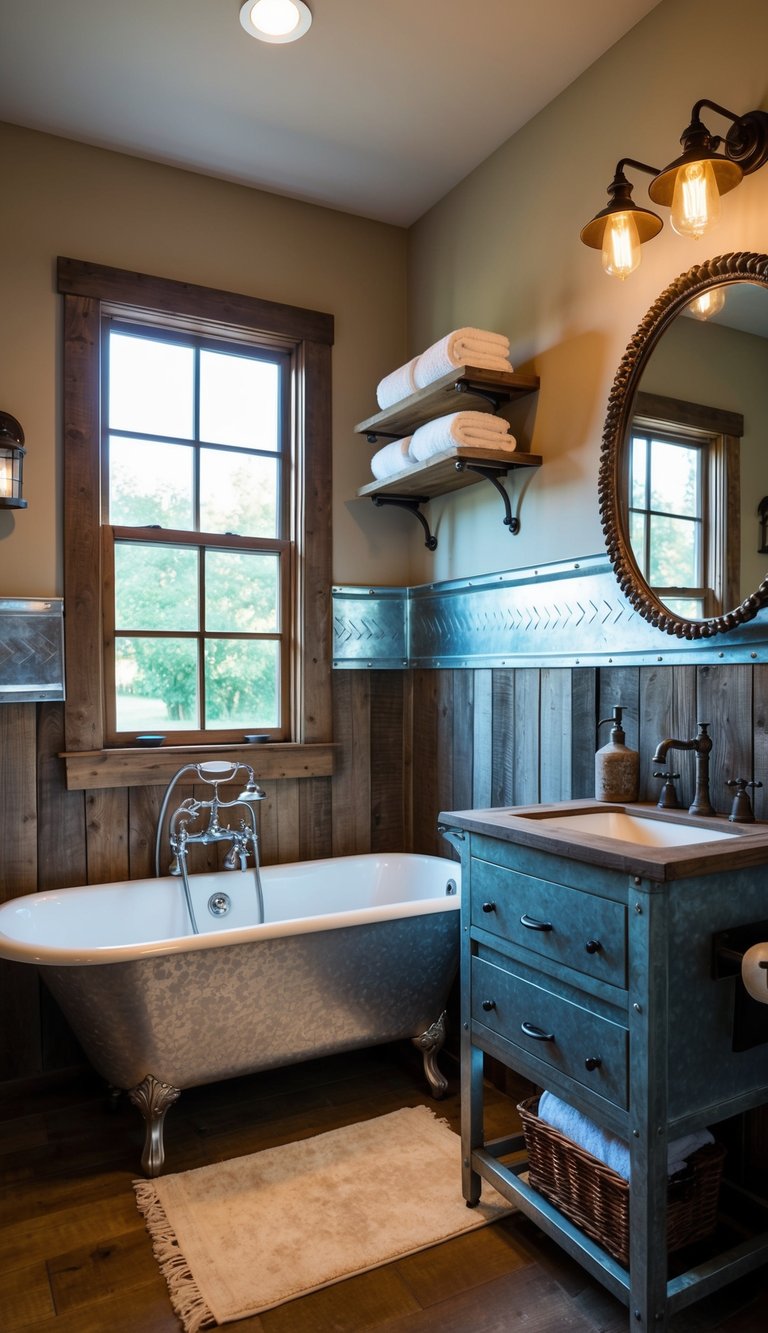 A vintage farmhouse bathroom with galvanized metal accents: a clawfoot tub, rustic vanity, and industrial light fixtures