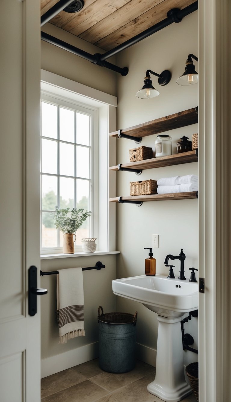 A rustic farmhouse bathroom with exposed pipe shelving, vintage decor, and natural light streaming in through a window