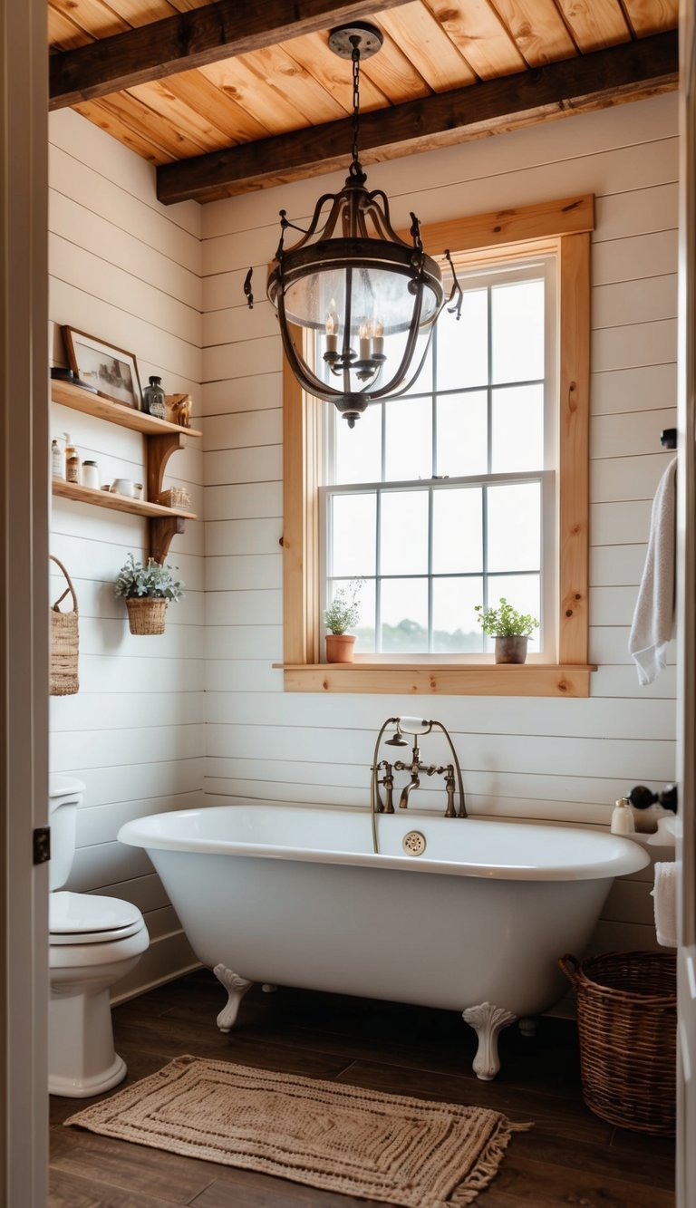 A vintage farmhouse bathroom with shiplap walls, a clawfoot tub, and rustic decor