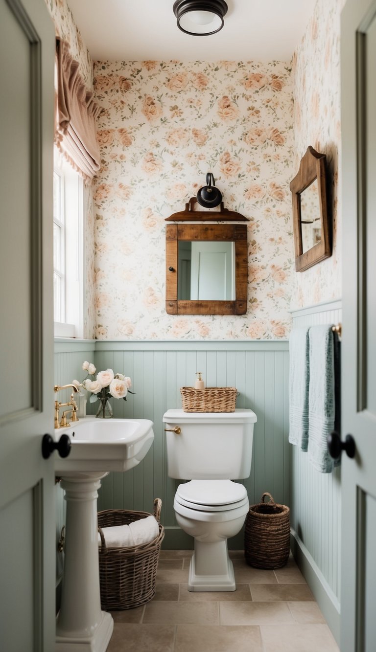 A serene farmhouse bathroom with vintage floral wallpaper, soft pastel hues, and rustic accents