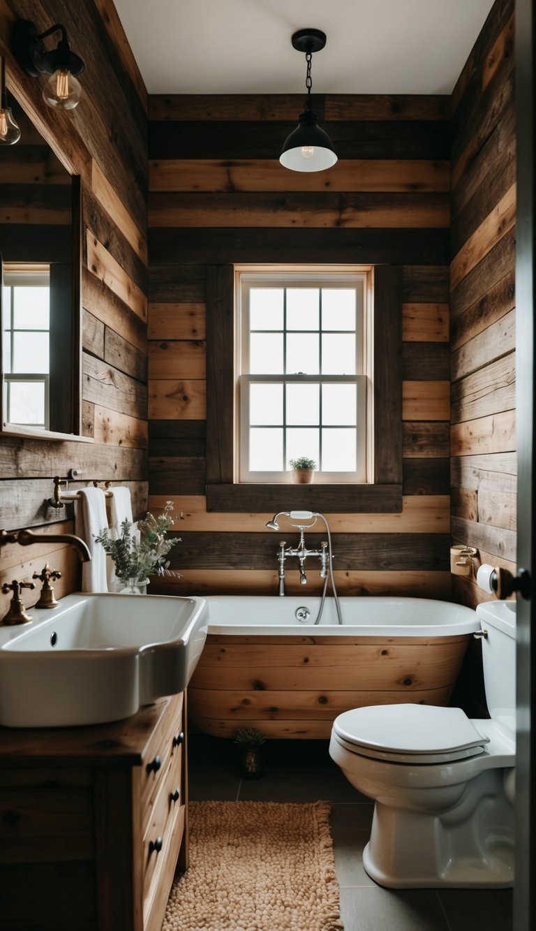 A cozy farmhouse bathroom with rustic barn wood wallpaper, vintage fixtures, and natural light streaming in through a small window