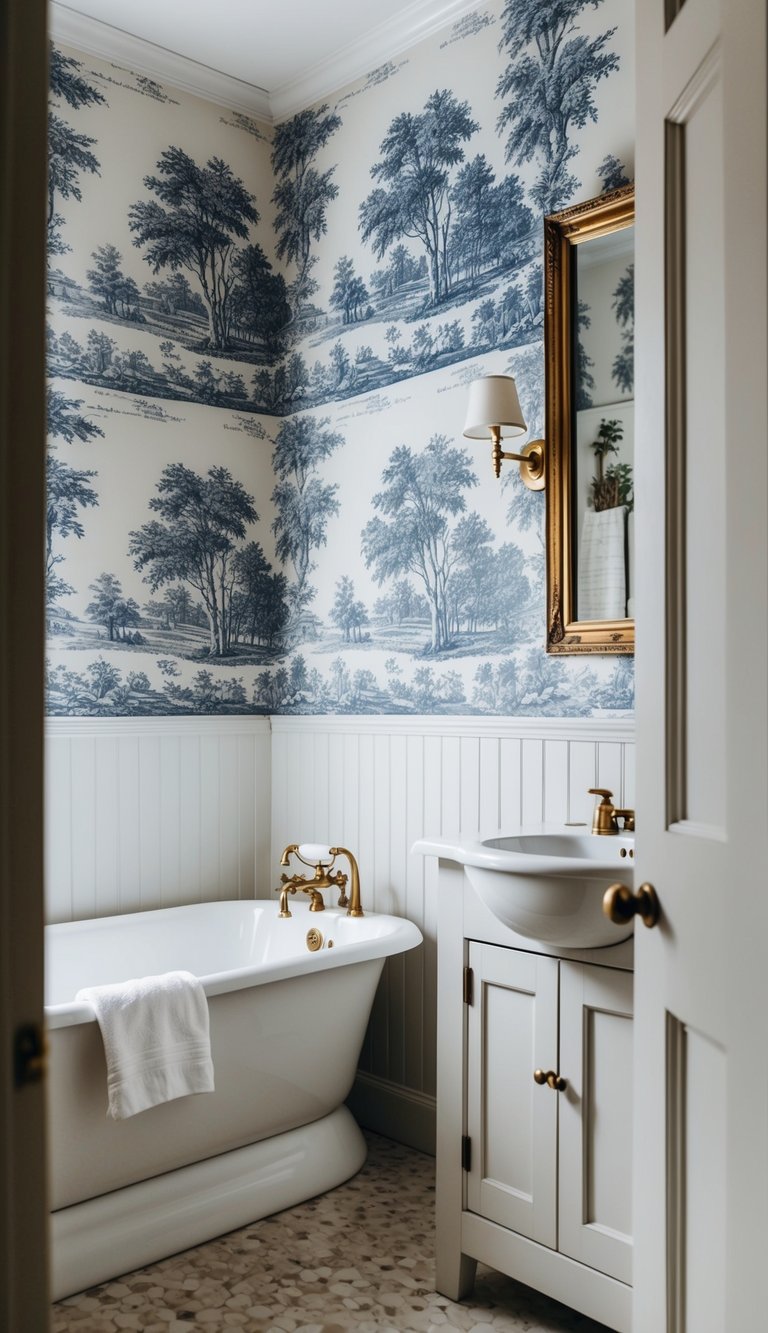 A rustic farmhouse bathroom with vintage toile wallpaper, featuring pastoral scenes in a monochromatic color scheme