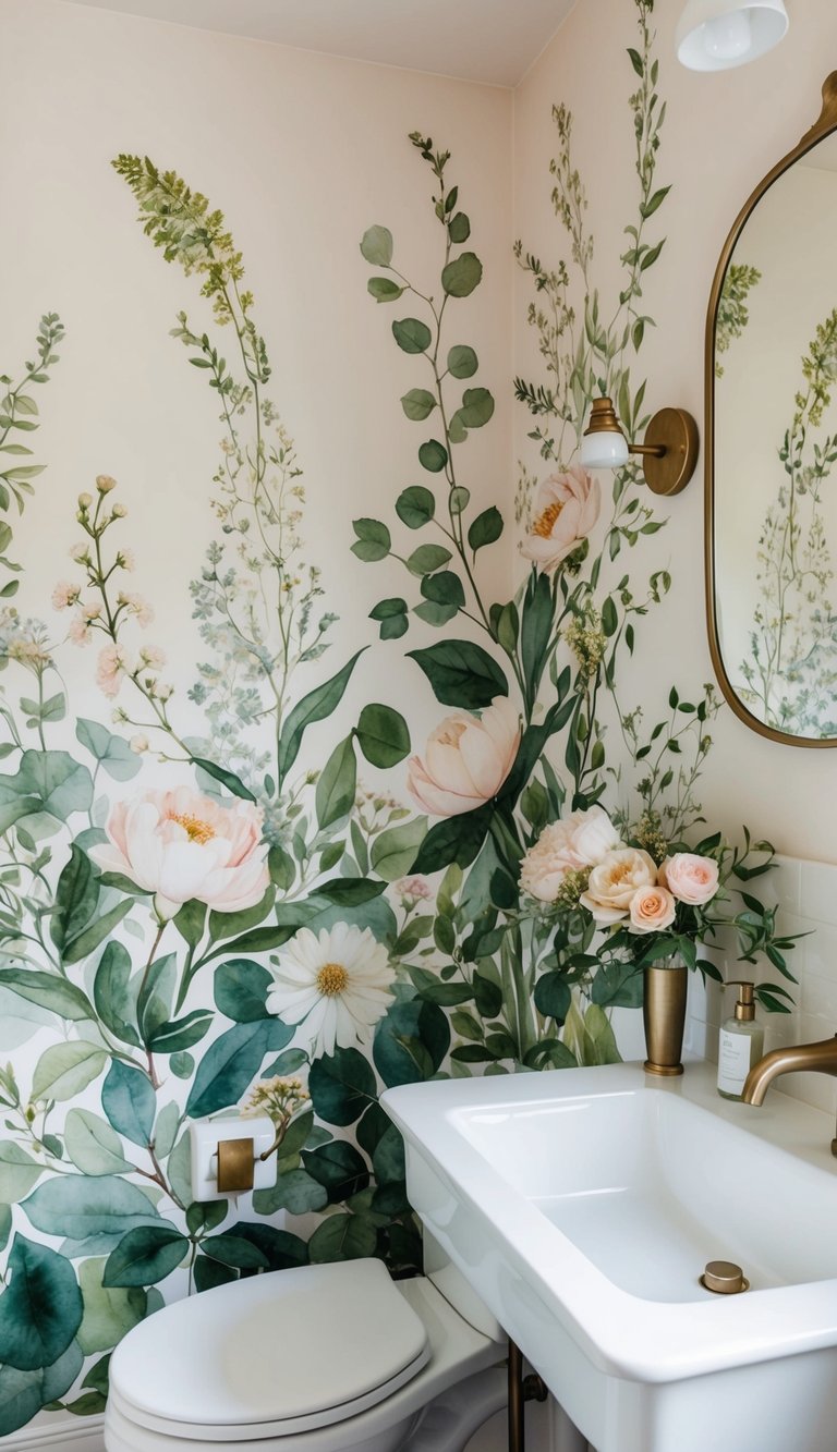 A lush botanical watercolor mural adorns the walls of a farmhouse bathroom, featuring delicate flowers and greenery in soft, pastel hues
