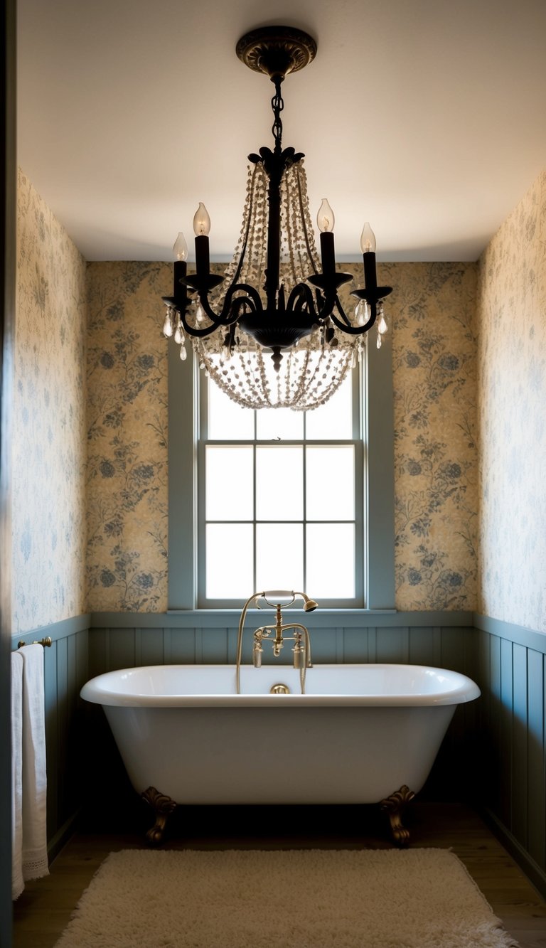 An antique chandelier silhouette hangs above a vintage clawfoot tub in a farmhouse bathroom, surrounded by rustic wallpaper with a floral pattern
