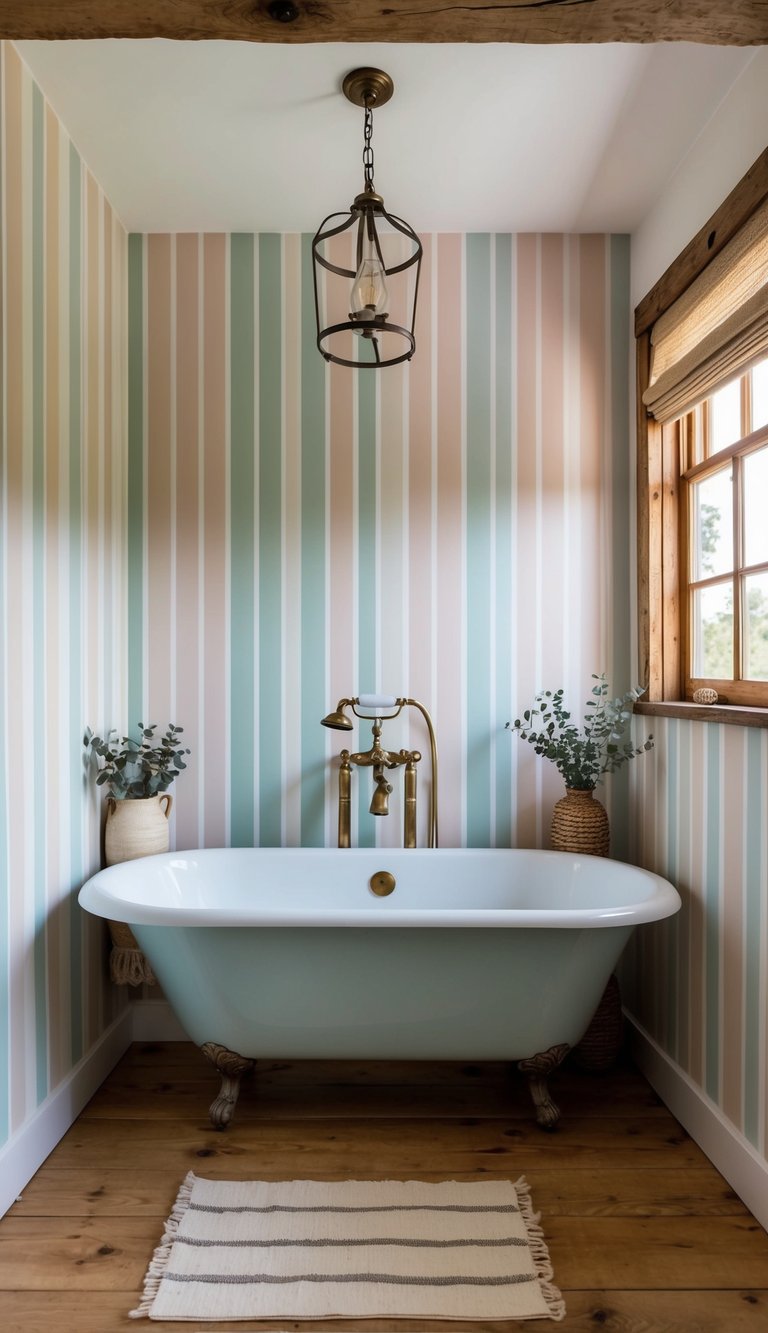 A cozy farmhouse bathroom with soft pastel stripe wallpaper, a vintage clawfoot tub, and rustic wooden accents